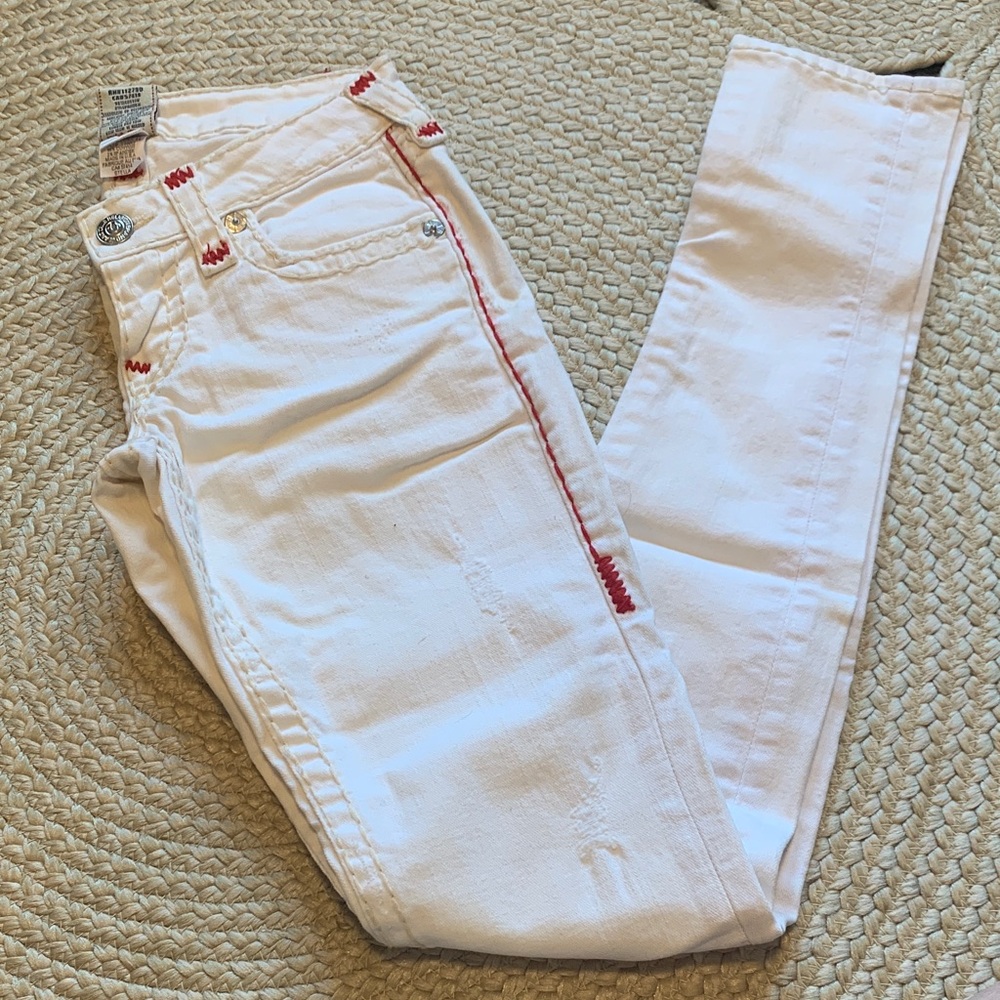 True Religion “Stella Super T” White Skinny Jeans with Red Stitching
